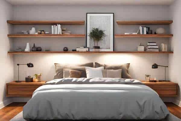 Utilizing Floating Shelves as Nightstands space nightstand ideas