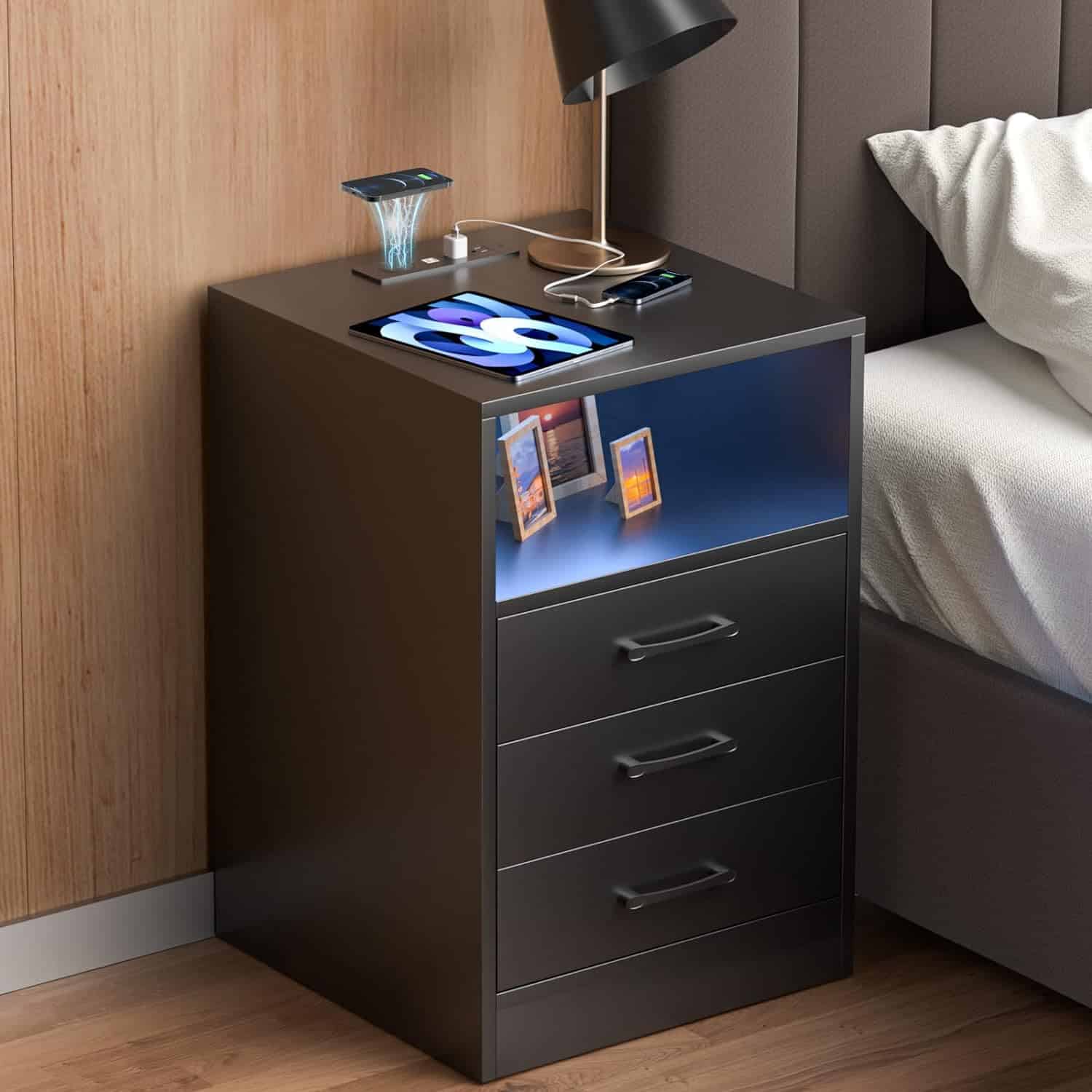 LUXFFY LED Nightstand with Wireless Charging Stations